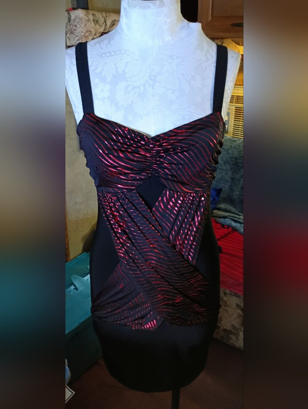Black and Red Metallic Ruched Bodycon Dress size small